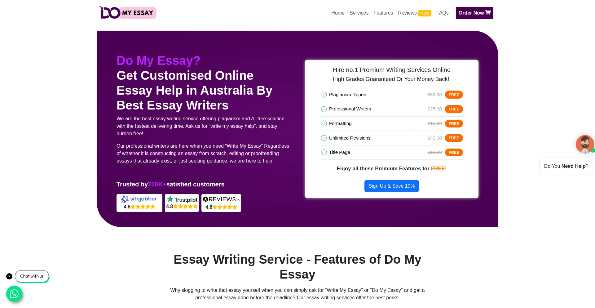 Website screenshot of Domyessay.com.au