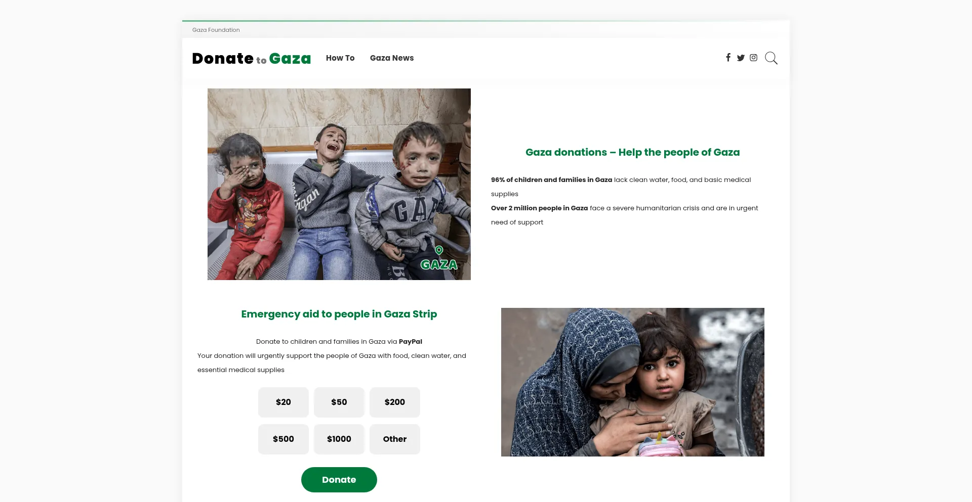 Website screenshot of Donatetogaza.co