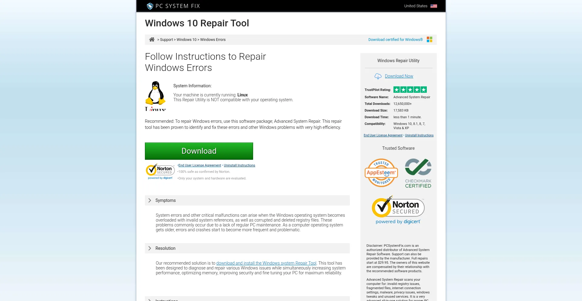 Website screenshot of Download.pcsystemfix.com