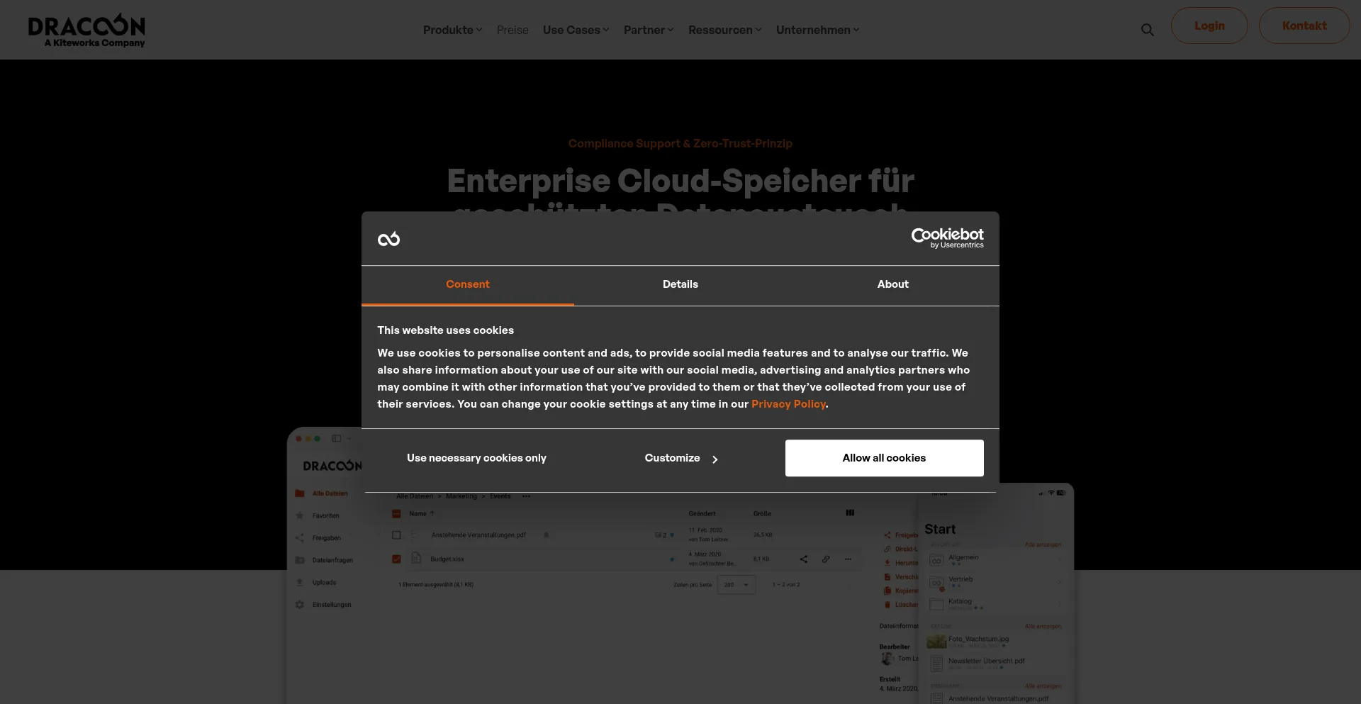 Website screenshot of Dracoon.eu