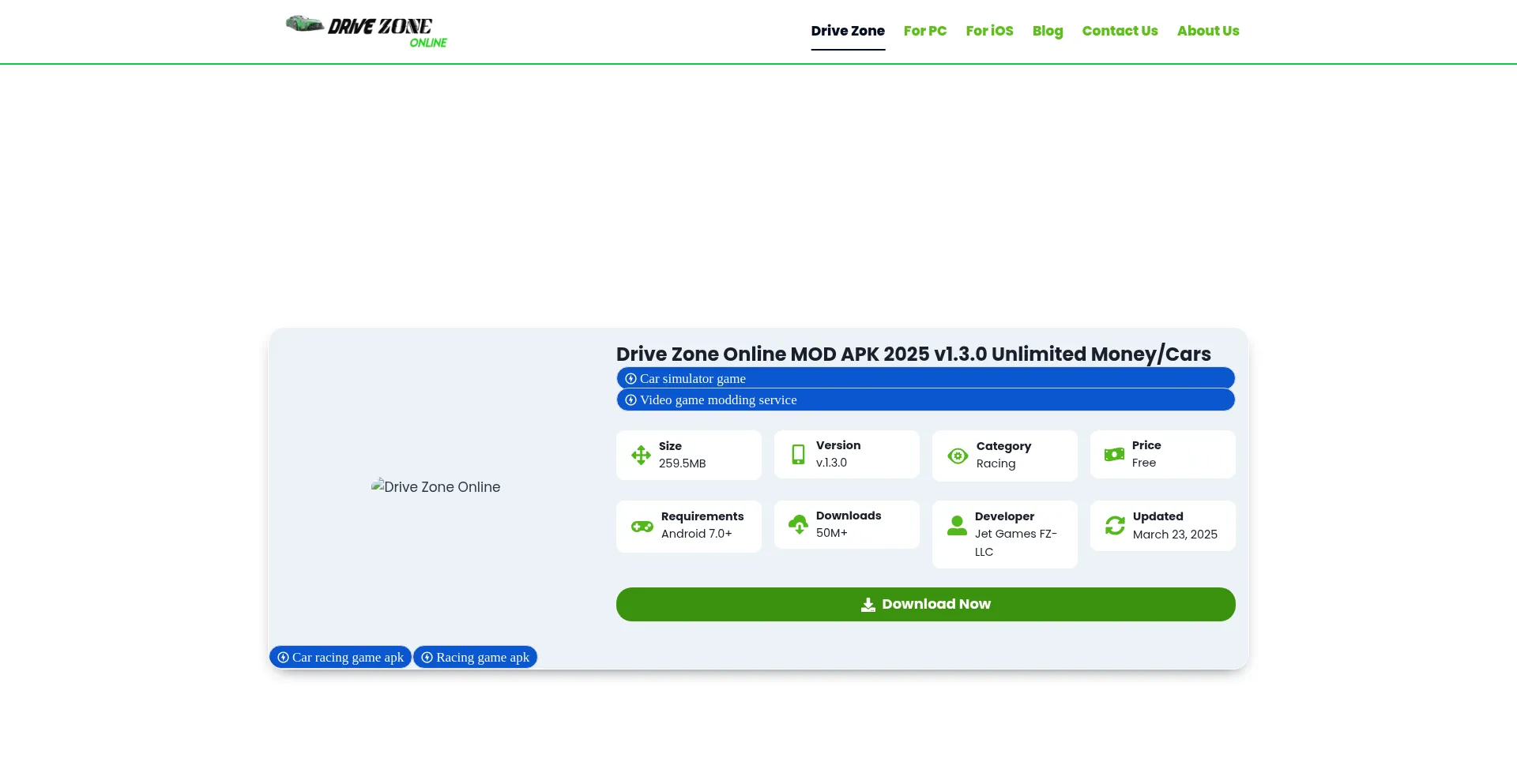 Website screenshot of Drivezoneonlineapks.com