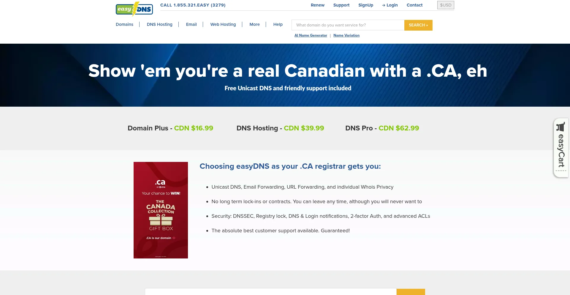 Website screenshot of Easydns.ca