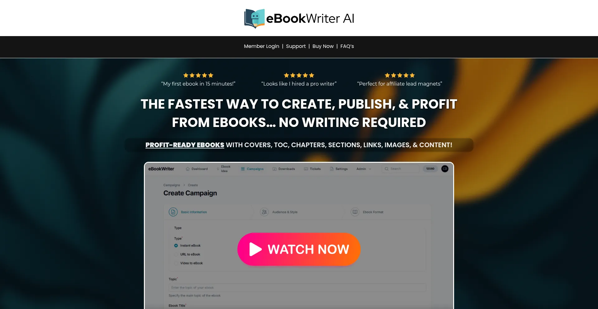 Website screenshot of Ebookwriter.ai