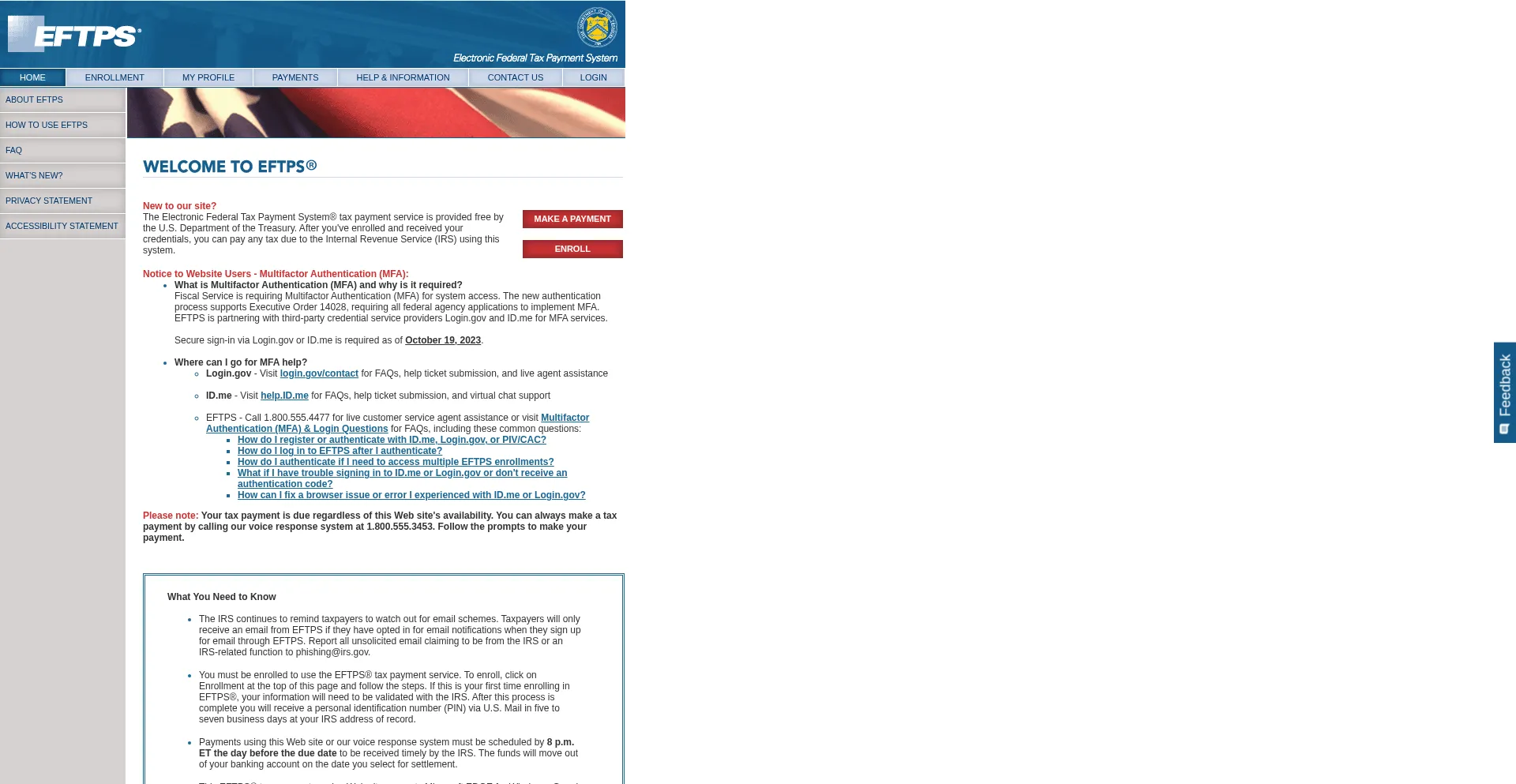 Website screenshot of Eftps.gov