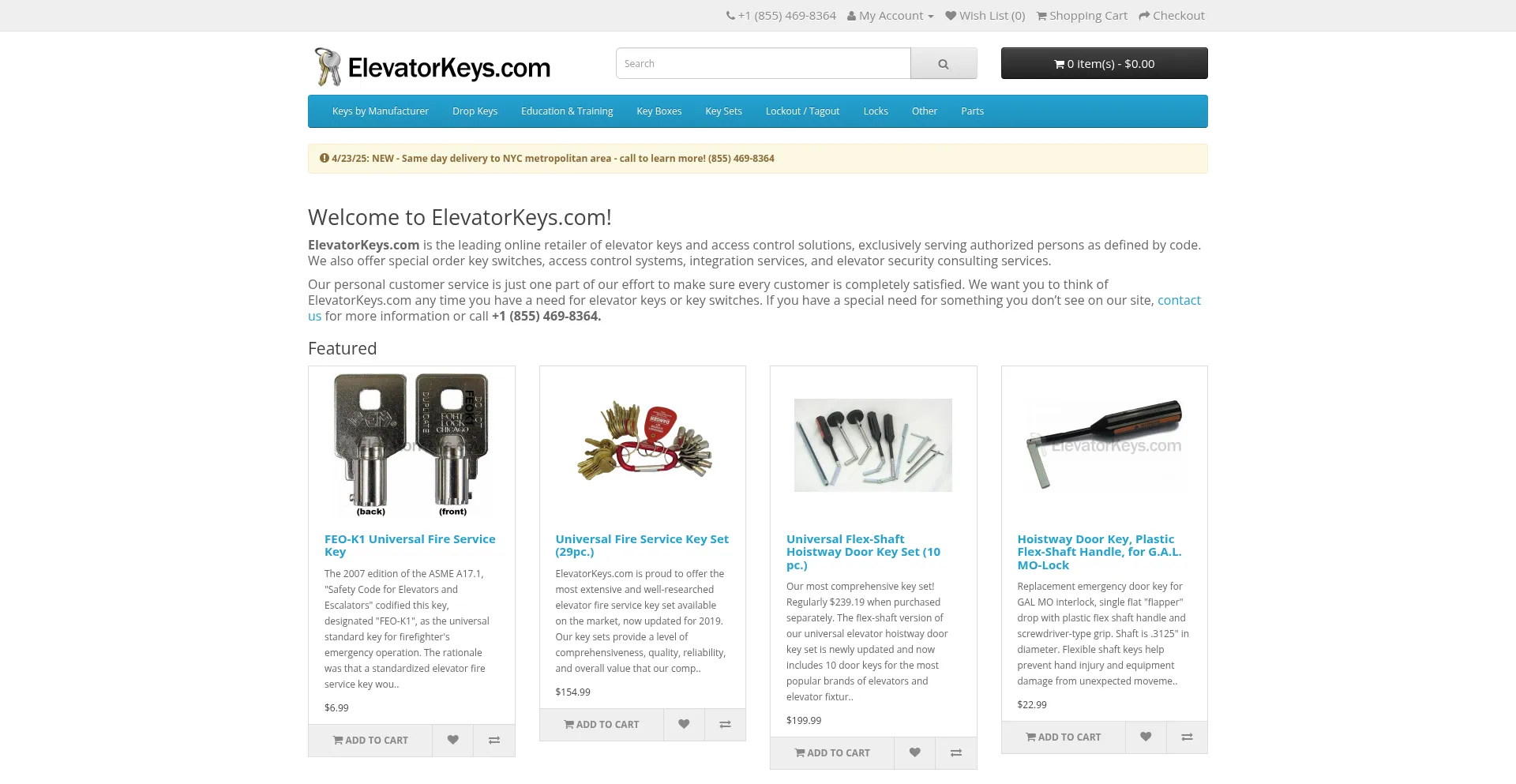 Website screenshot of Elevatorkeys.com