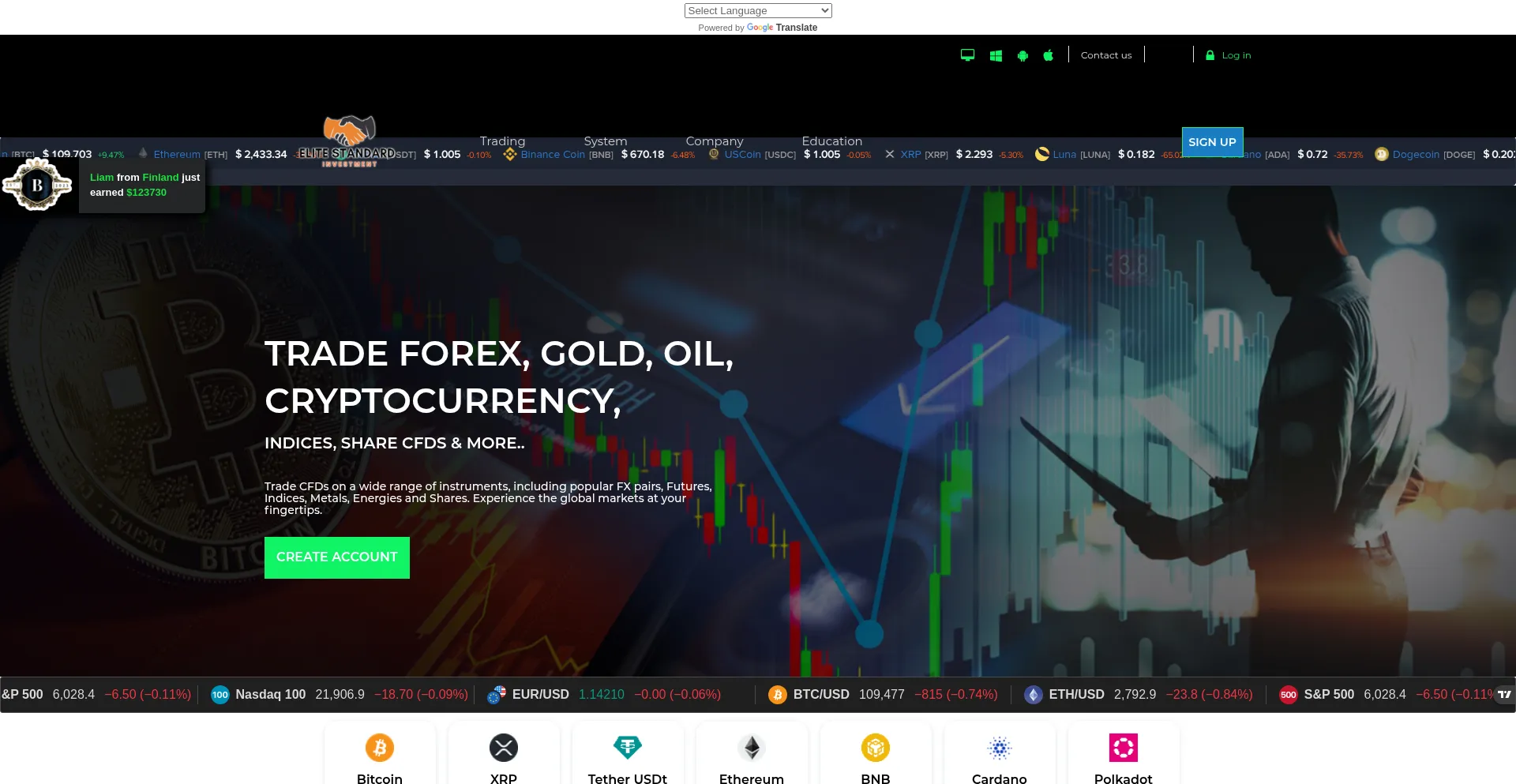 Website screenshot of Elitestandardtrade.com