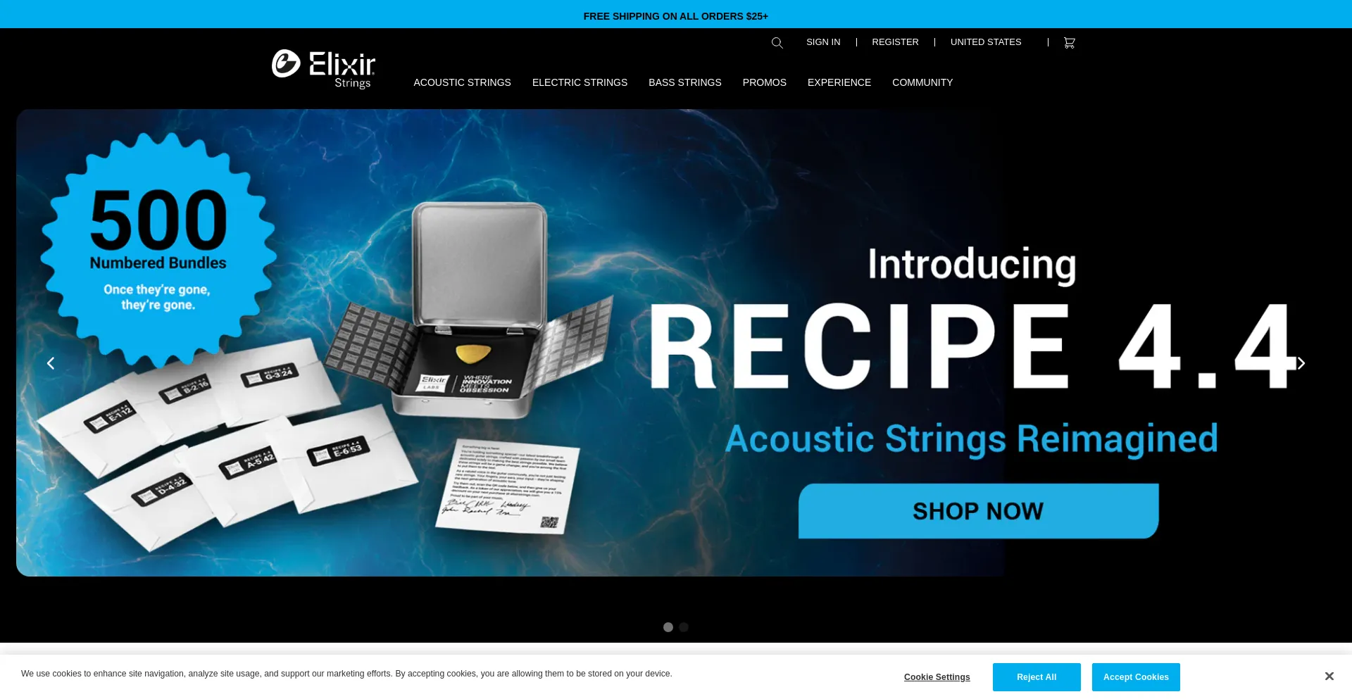 Website screenshot of Elixerstrings.com