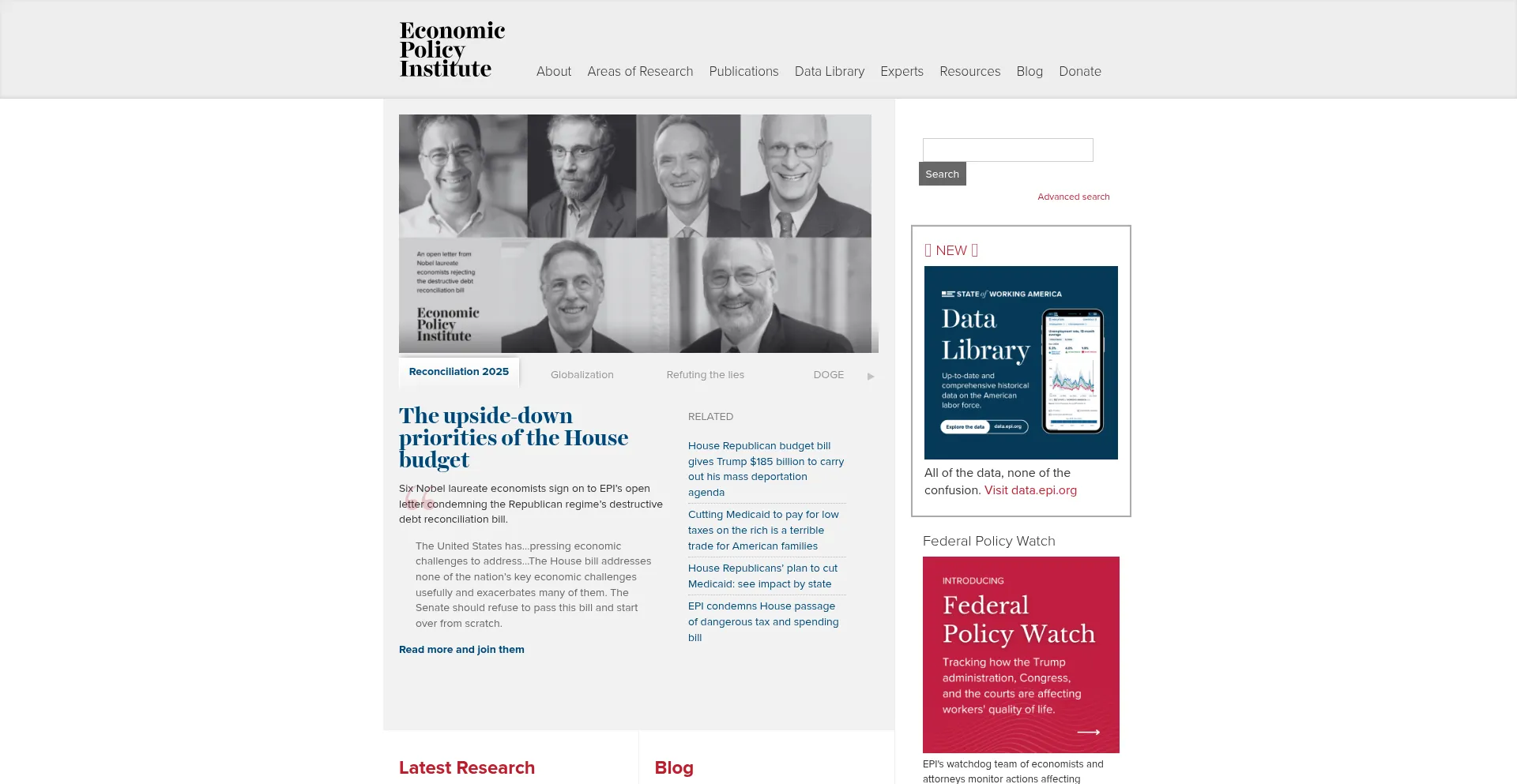 Website screenshot of Epi.org