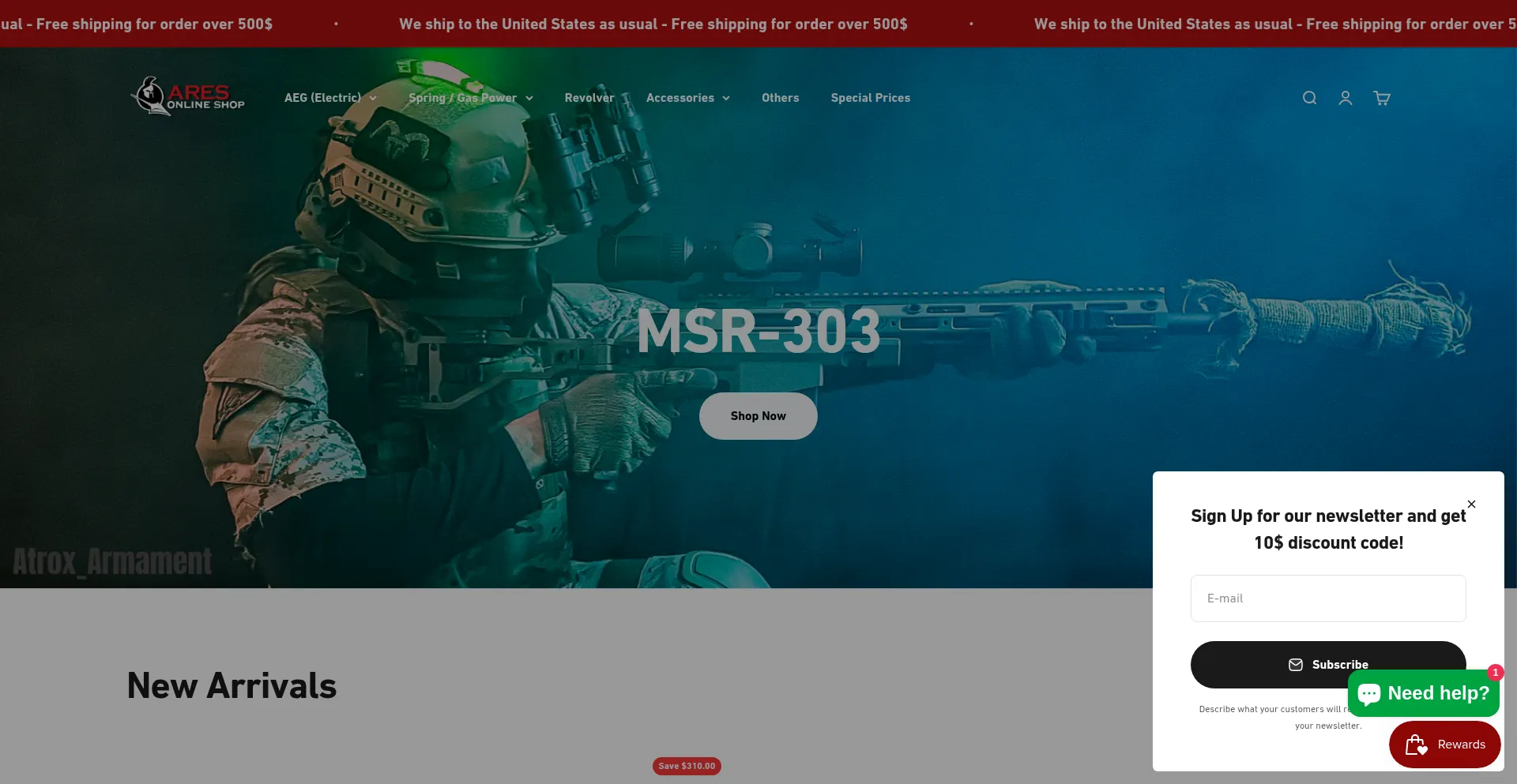 Website screenshot of Eshop-aresairsoft.com