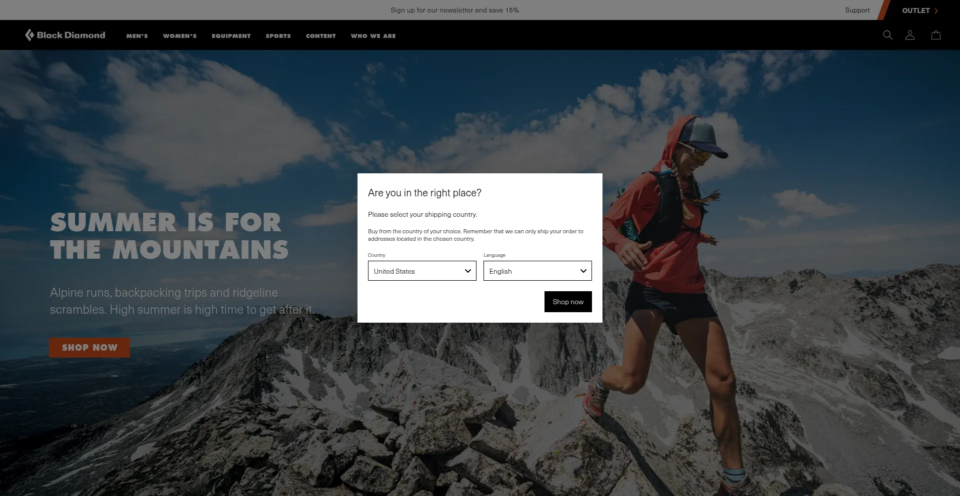 Website screenshot of Eu.blackdiamondequipment.com