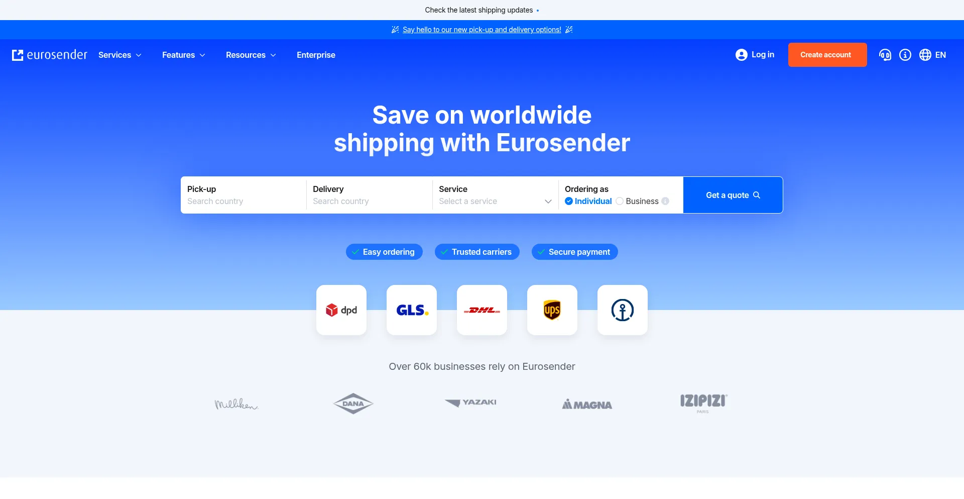 Website screenshot of Eurosender.com
