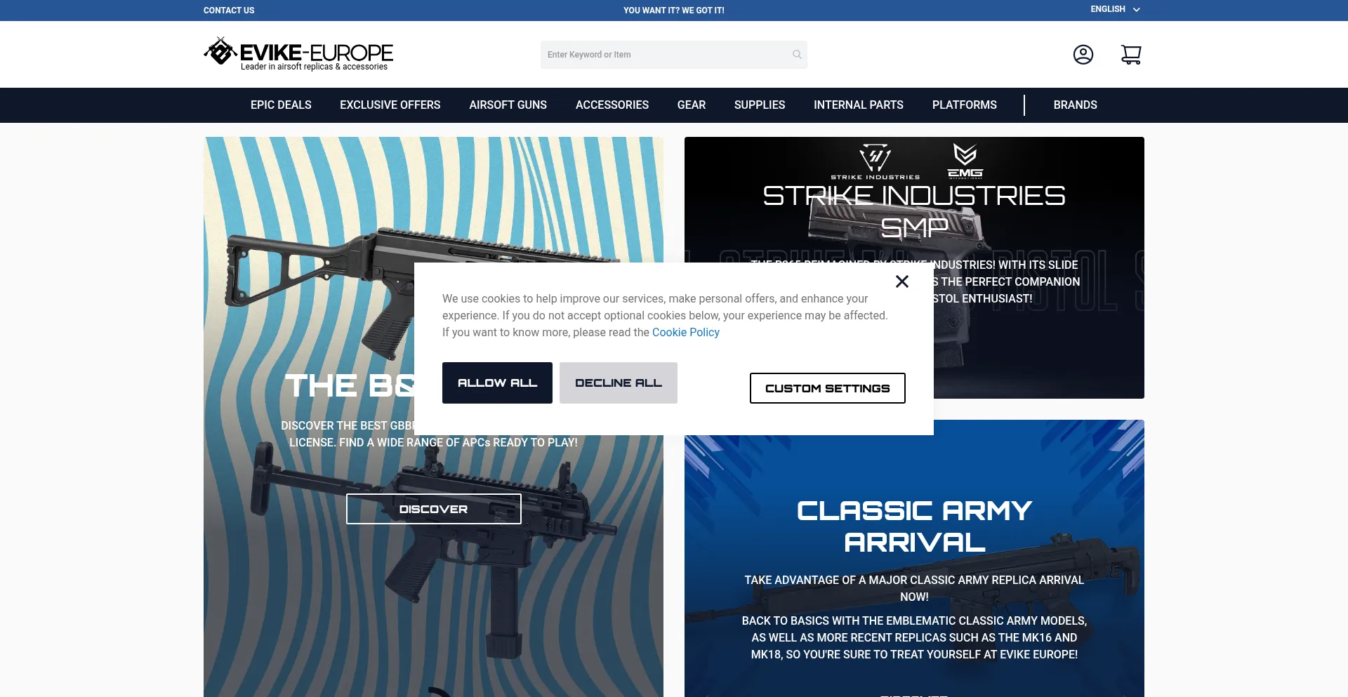 Website screenshot of Evike-europe.com