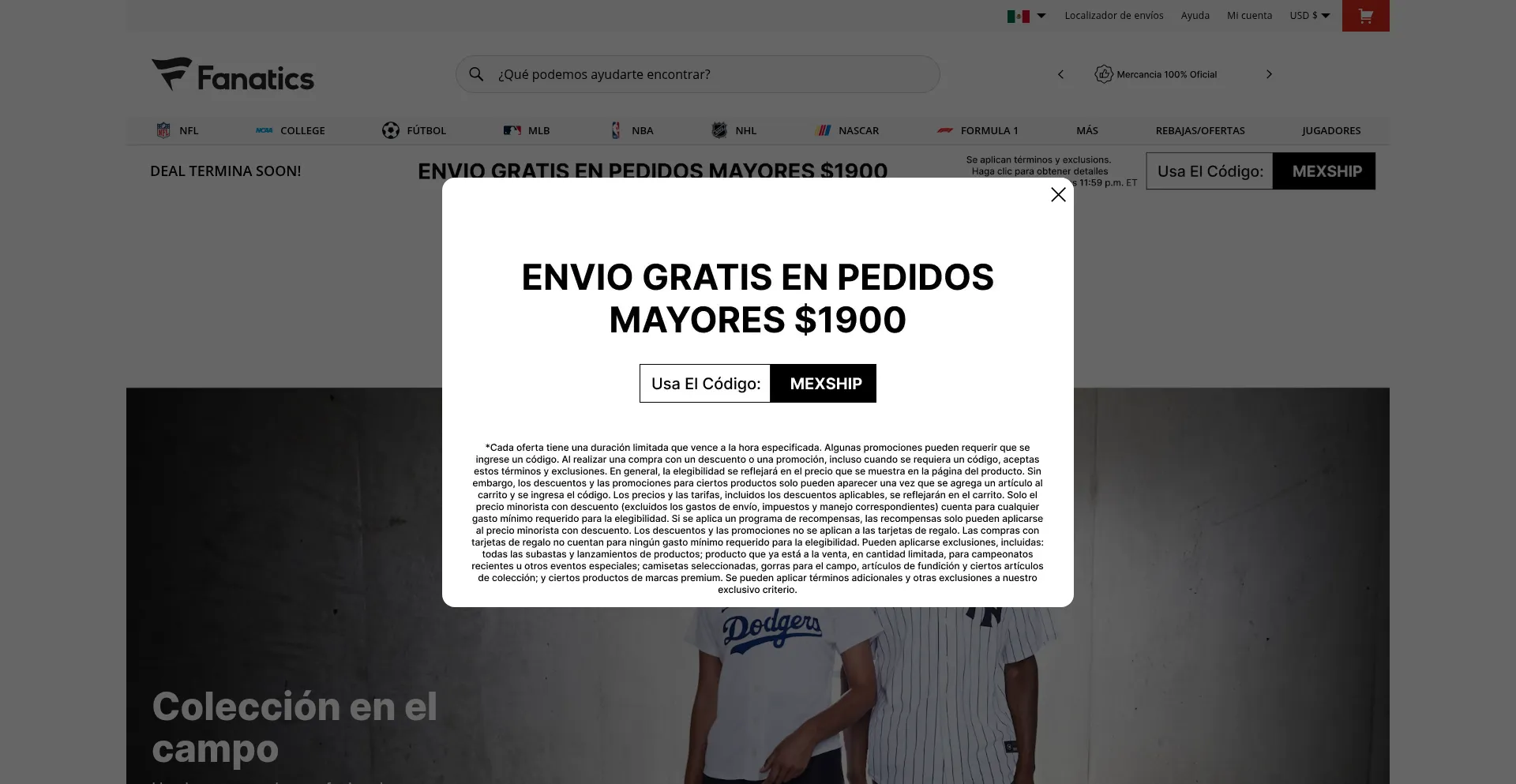 Website screenshot of Fanatics.mx