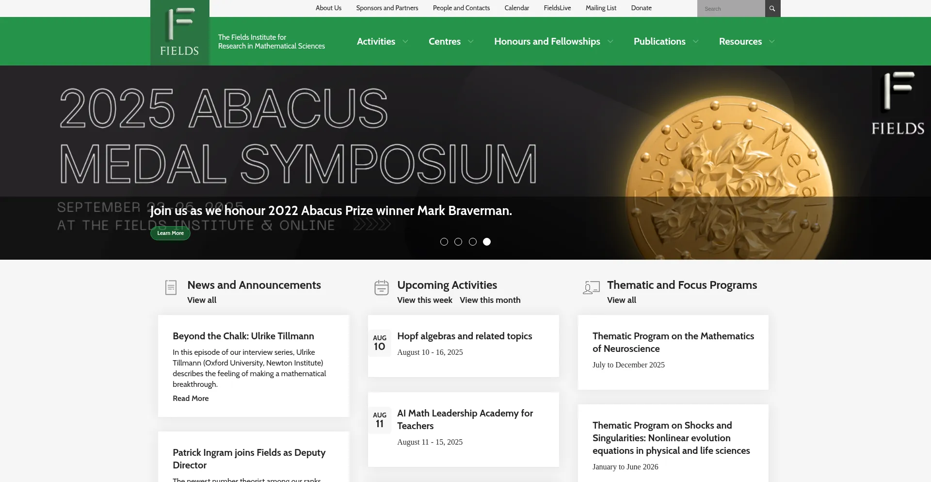 Website screenshot of Fields.utoronto.ca