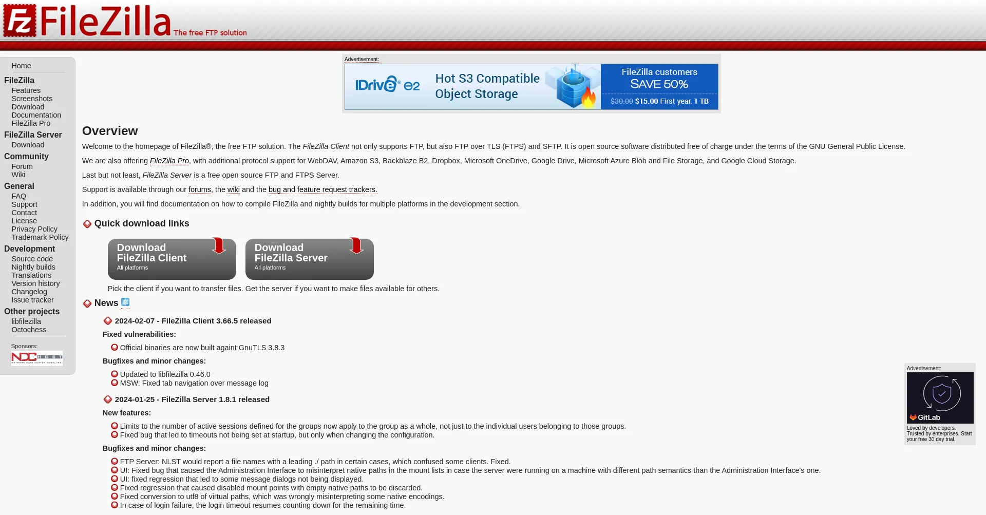 Website screenshot of Filezilla-project.org