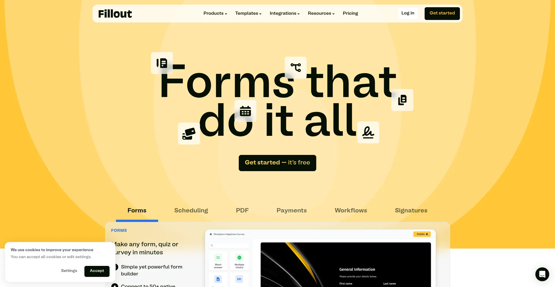 Website screenshot of Fillout.com