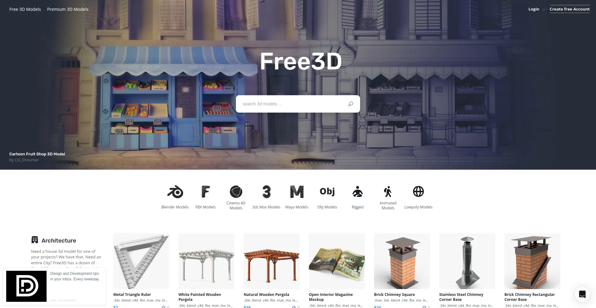 Website screenshot of Free3d.com