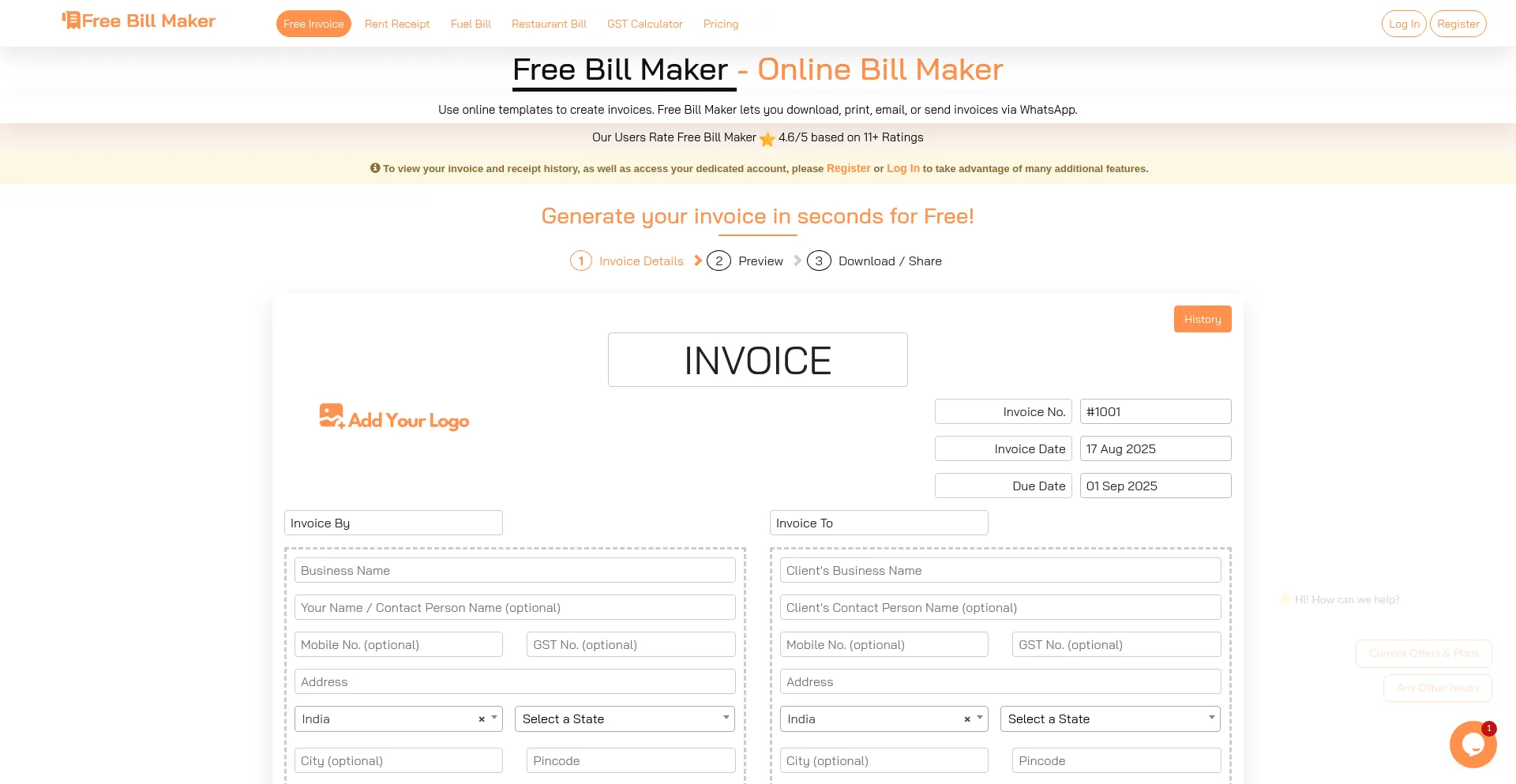 Website screenshot of Freebillmaker.com