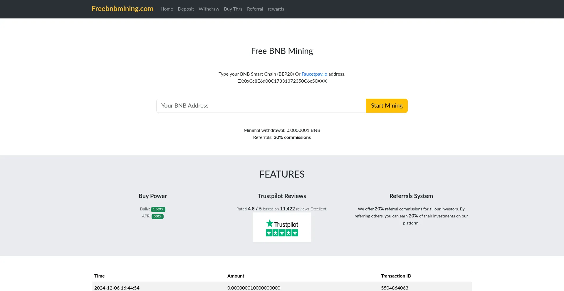 Website screenshot of Freebnbmining.com