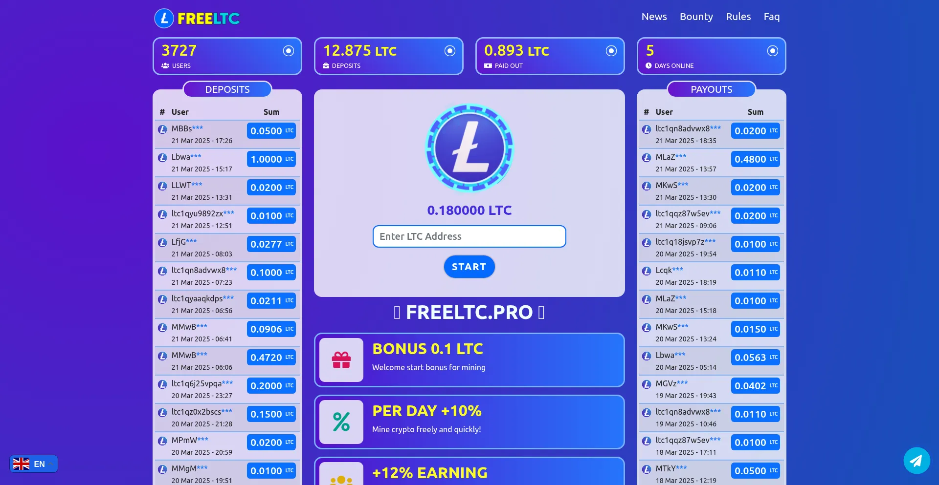 Website screenshot of Freeltc.pro