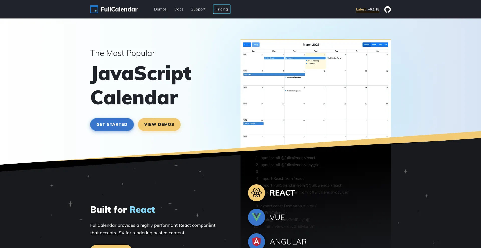 Website screenshot of Fullcalendar.io