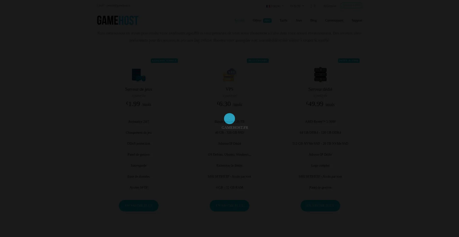 Website screenshot of Gamehost.fr