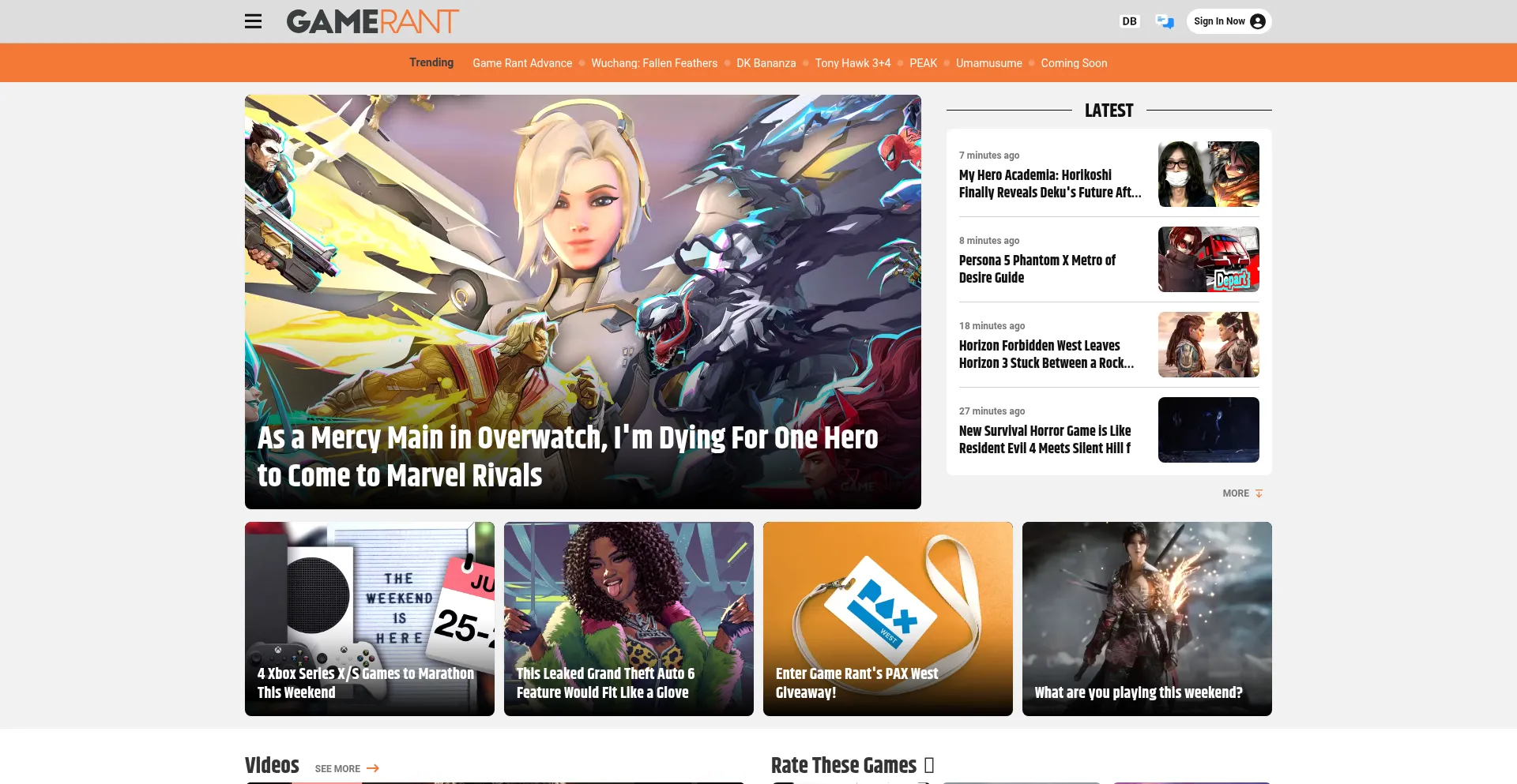 Website screenshot of Gamerant.com
