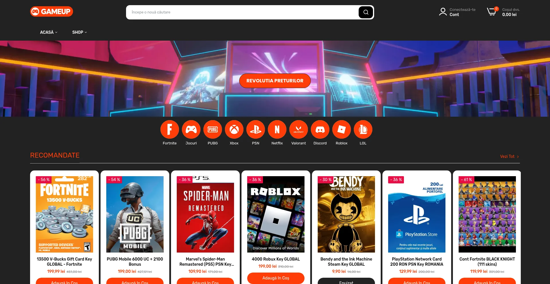 Website screenshot of Gameup.ro