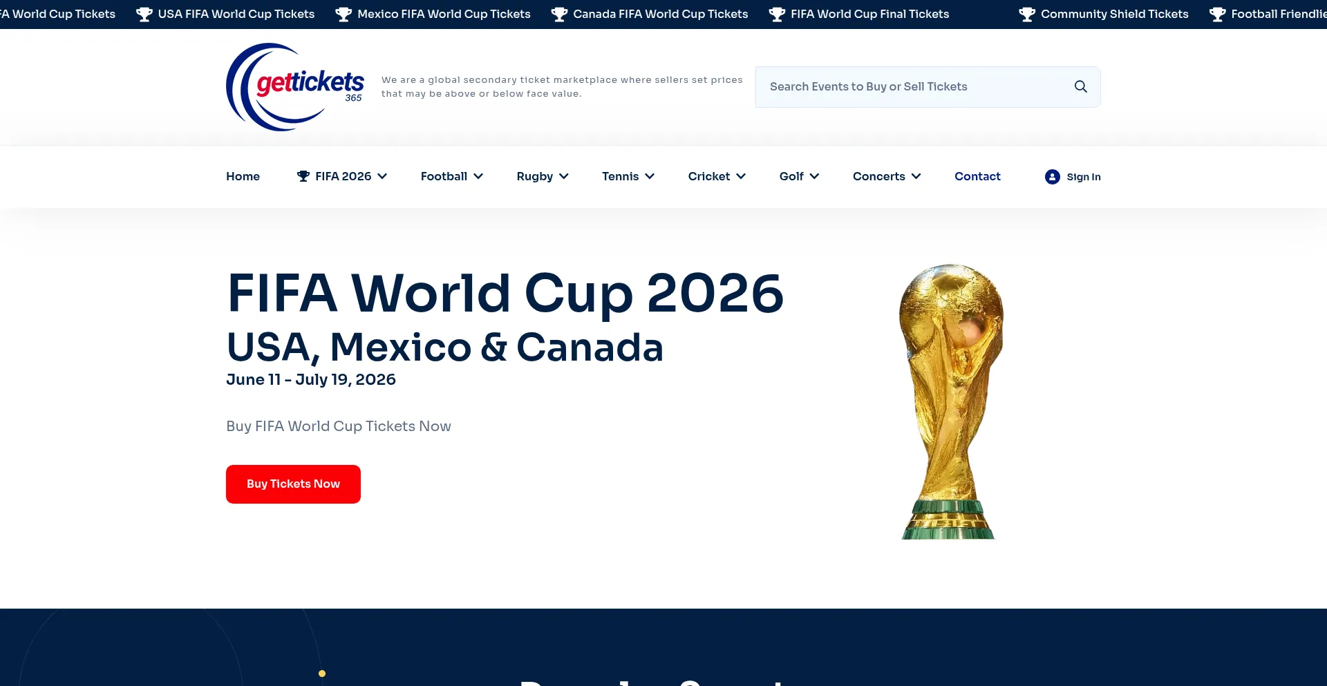 Website screenshot of Gettickets365.com