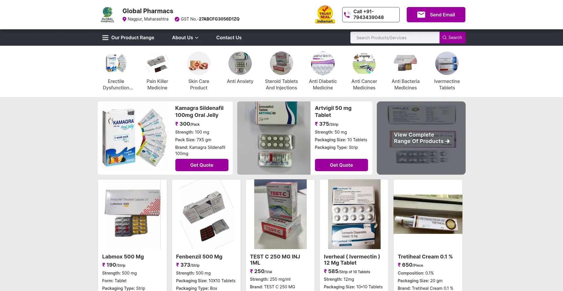 Website screenshot of Globalpharmacs.com