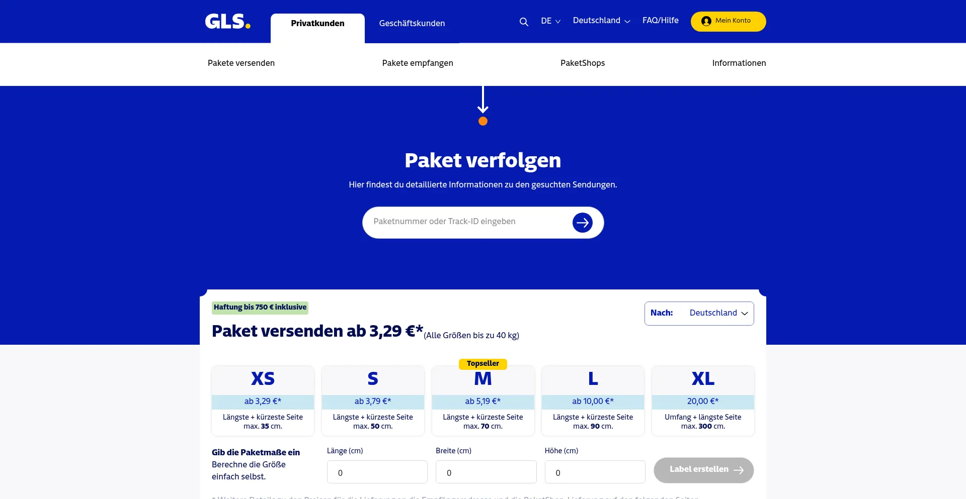 Website screenshot of Gls-pakete.de