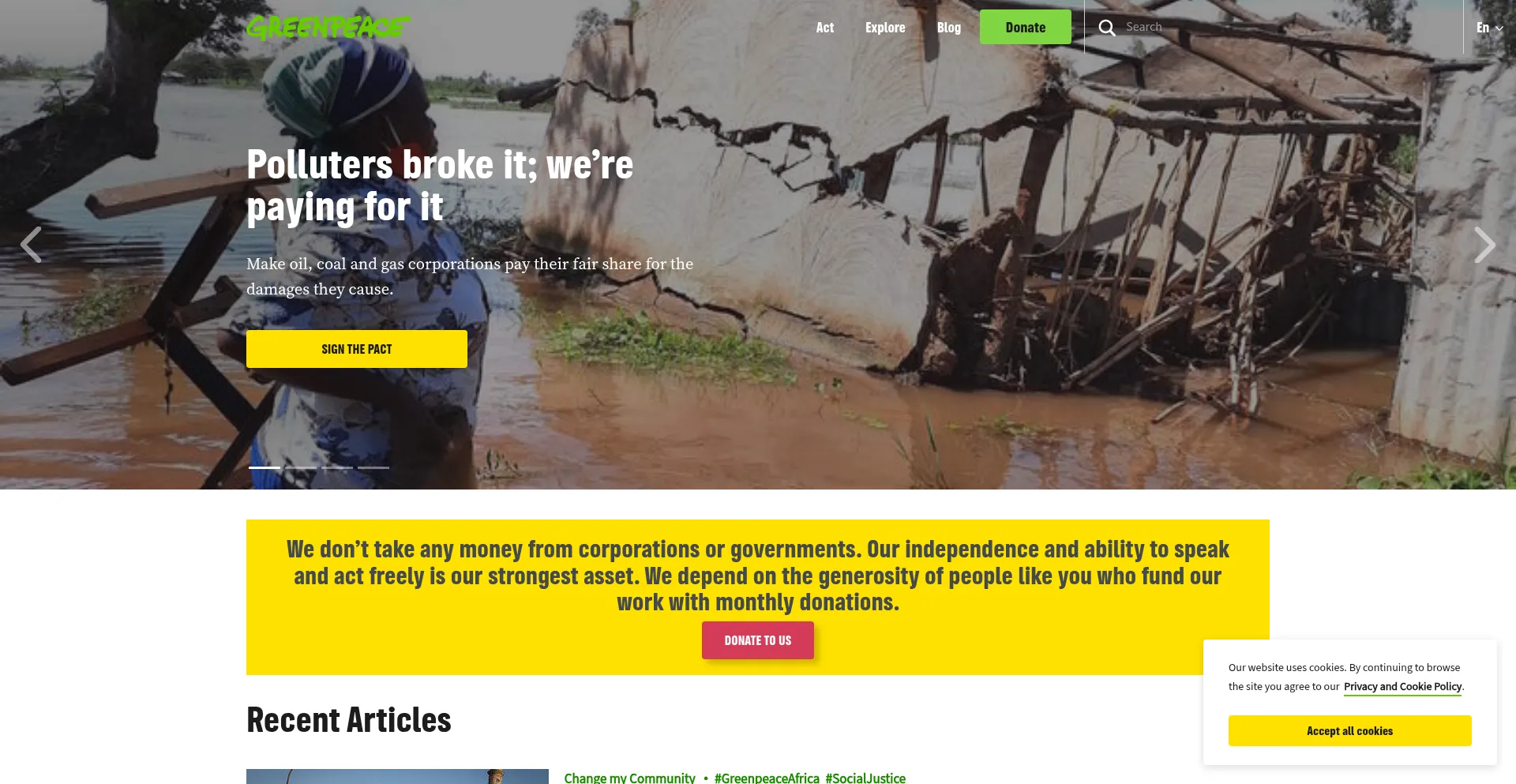 Website screenshot of Greenpeaceafrica.org