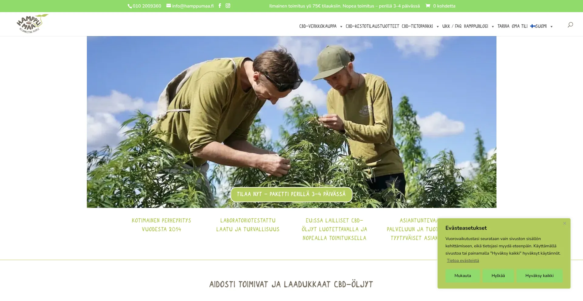 Website screenshot of Hamppumaa.fi