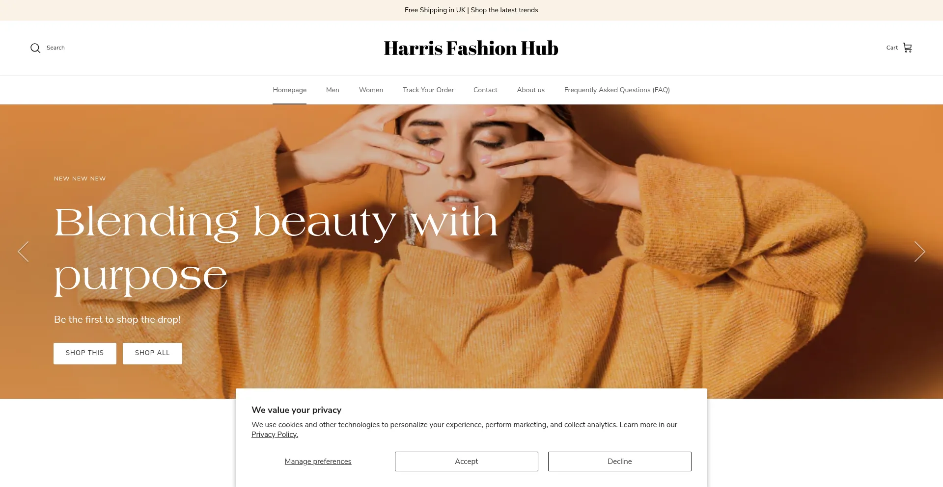 Website screenshot of Harrisfashionhub.com