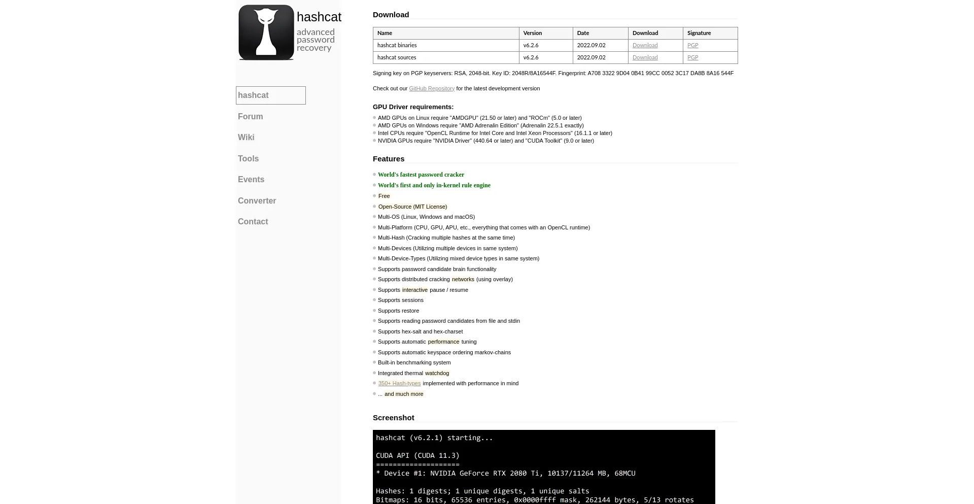 Website screenshot of Hashcat.net