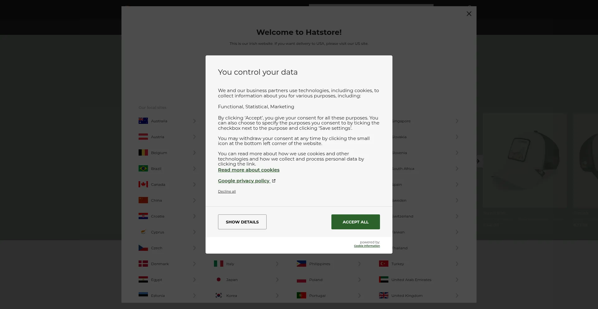 Website screenshot of Hatstore.ie