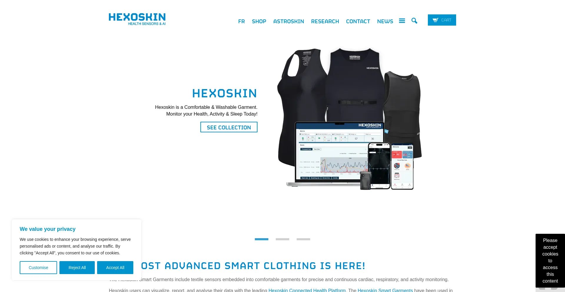 Website screenshot of Hexoskin.com
