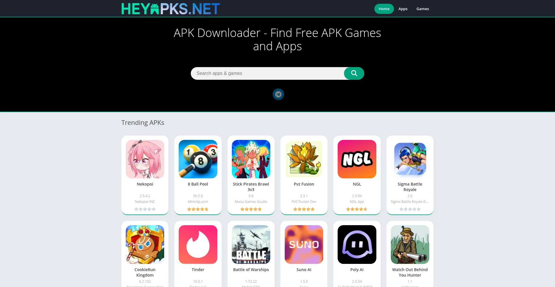 Website screenshot of Heyapks.net