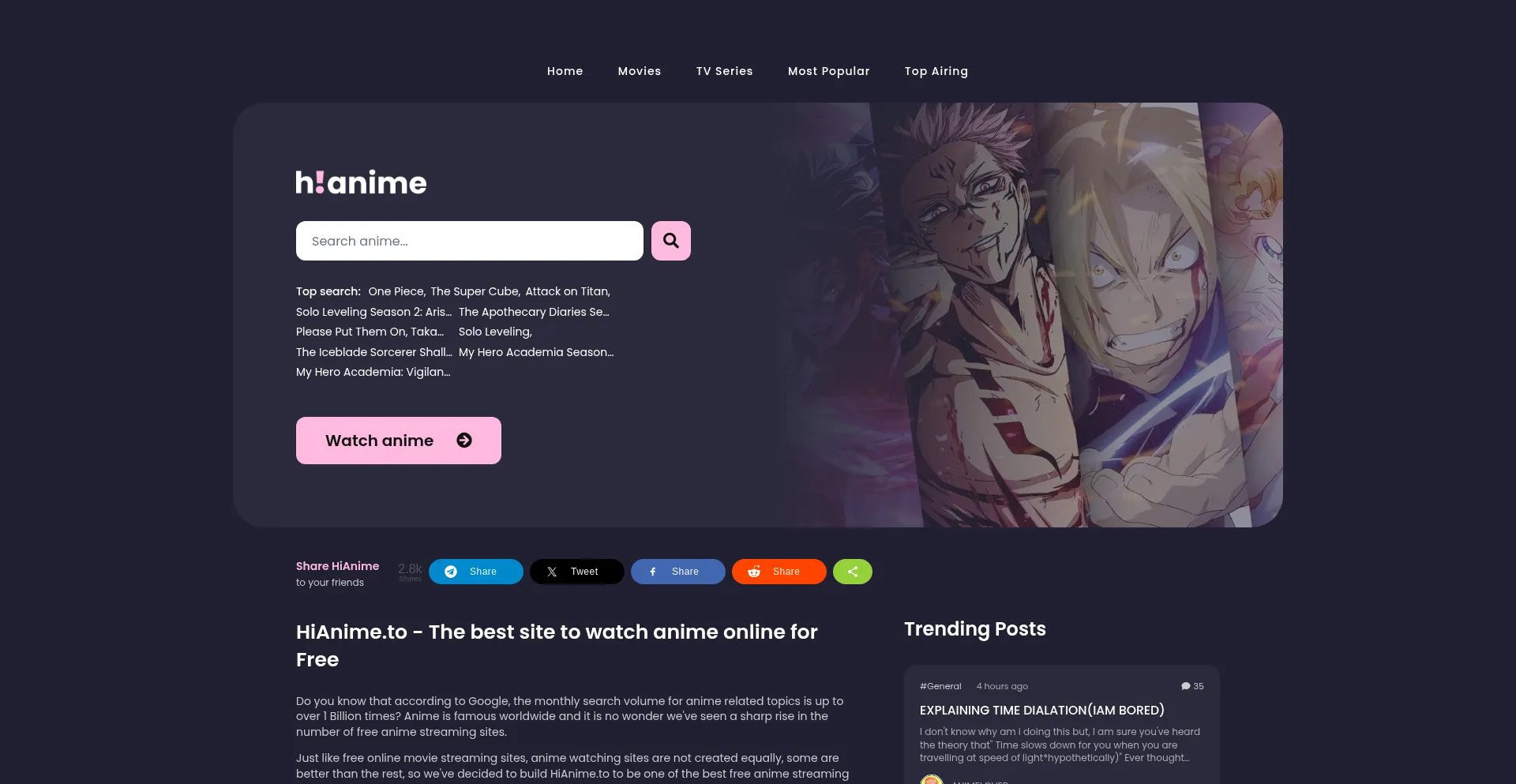 Website screenshot of Hianime.pe