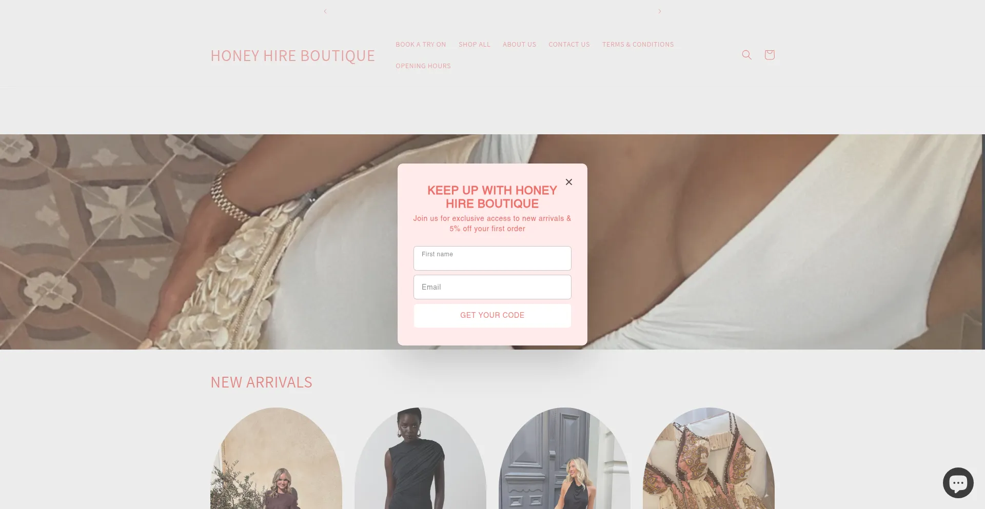 Website screenshot of Honeyhireboutique.com