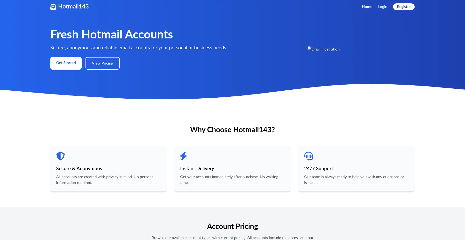 Website screenshot of Hotmail143.com