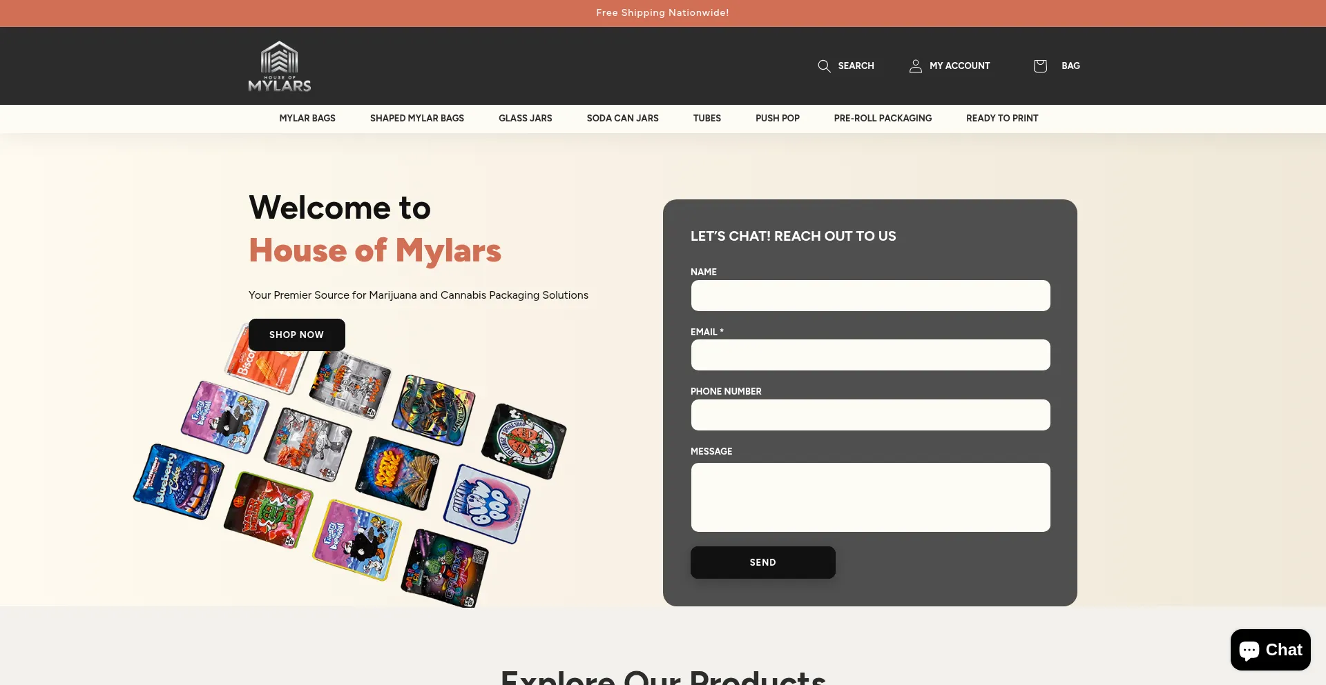 Website screenshot of Houseofmylars.com