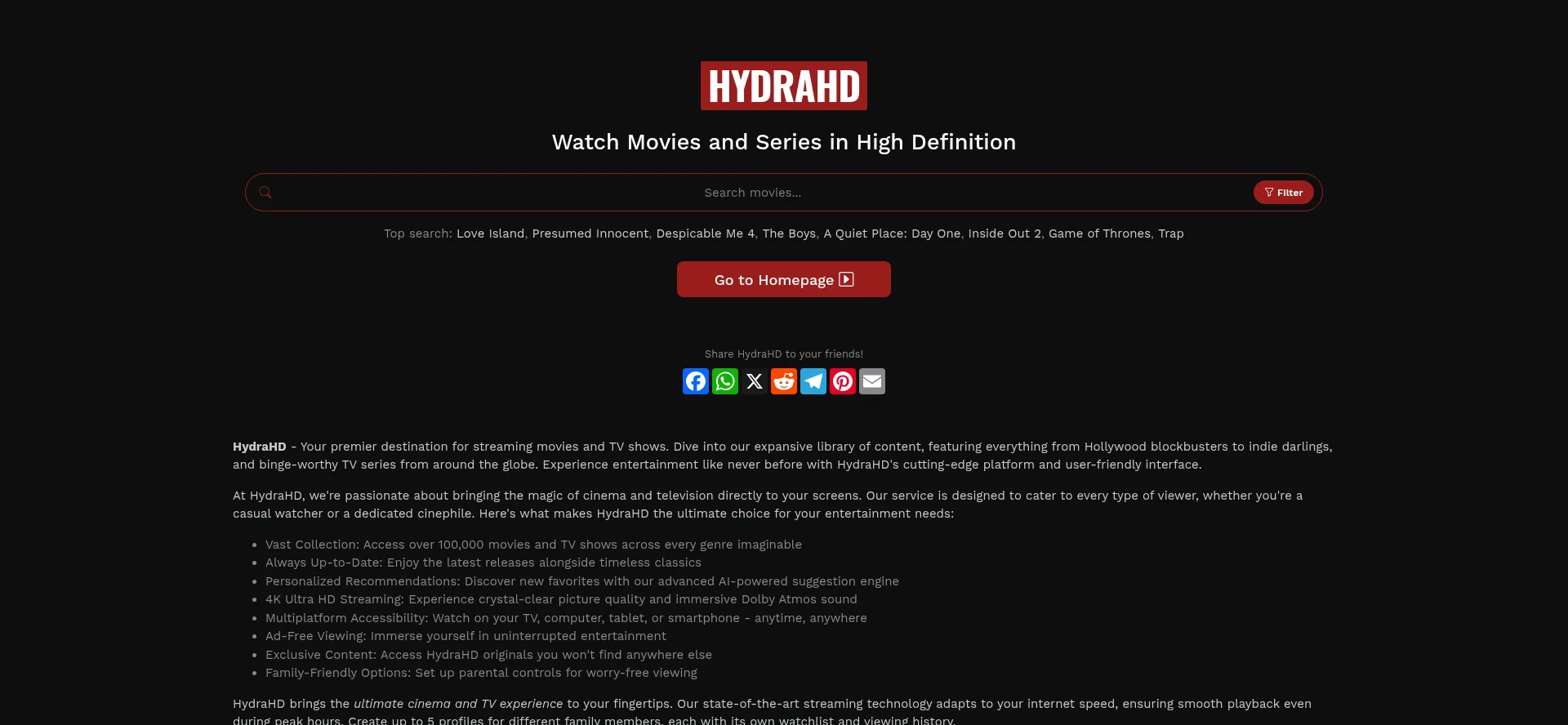 Website screenshot of Hydrahd.lol