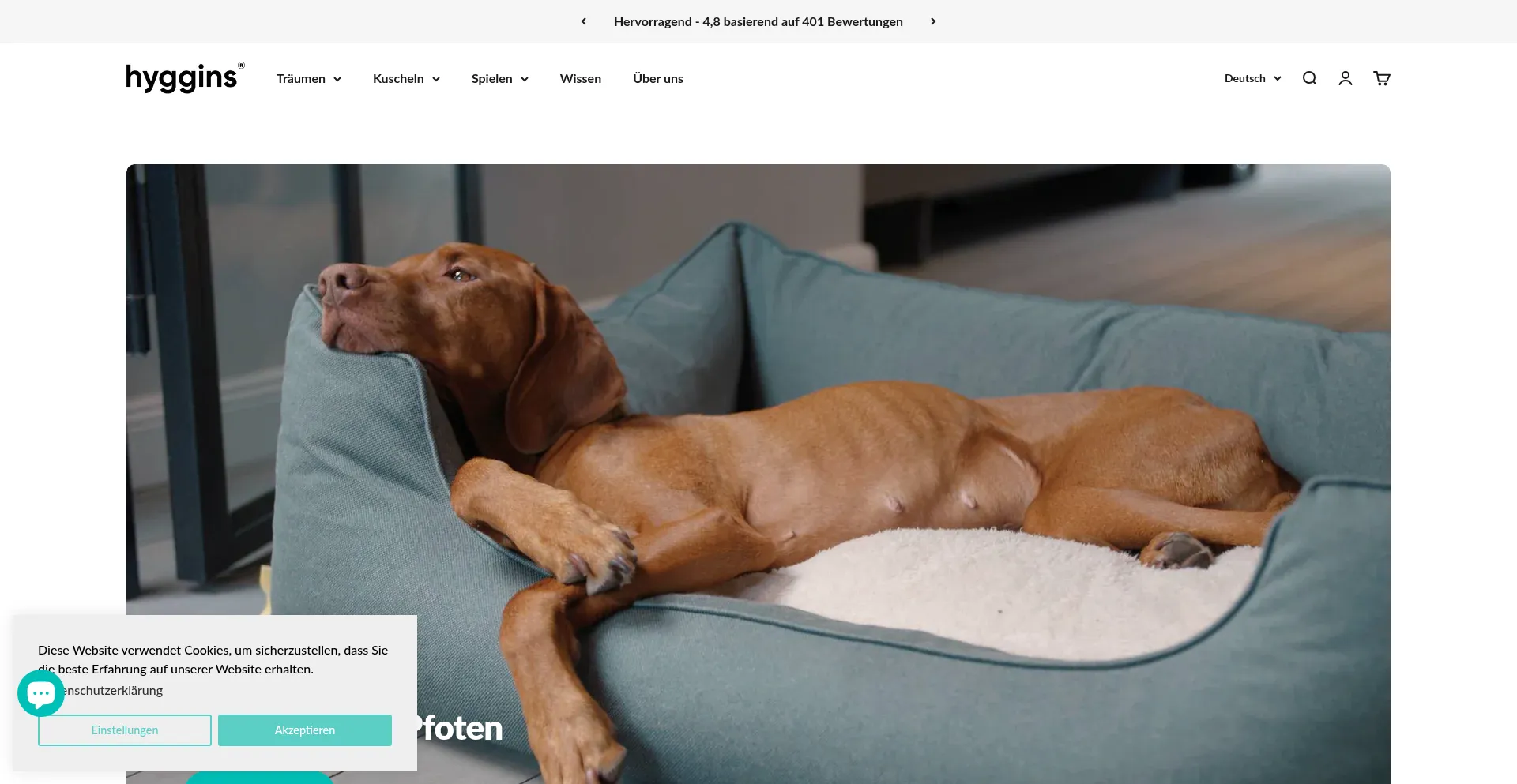 Website screenshot of Hyggins.pet