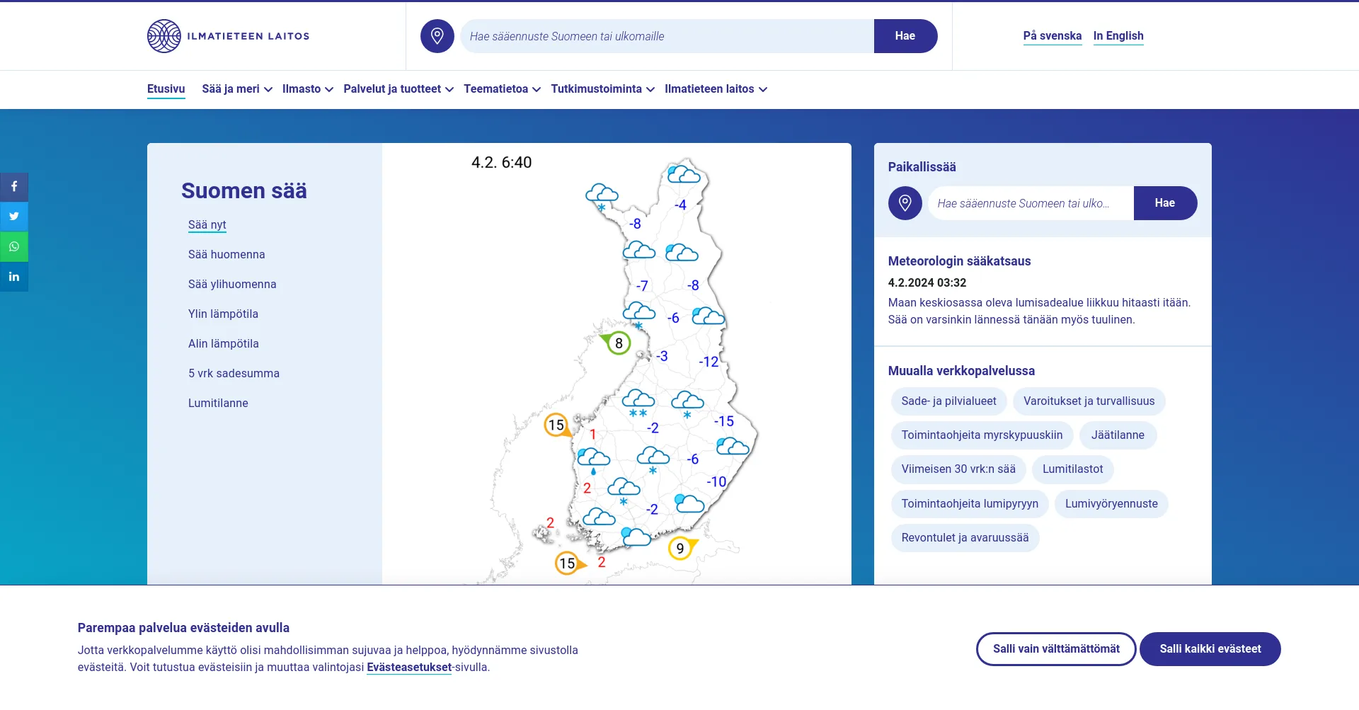 Website screenshot of Ilmatieteenlaitos.fi