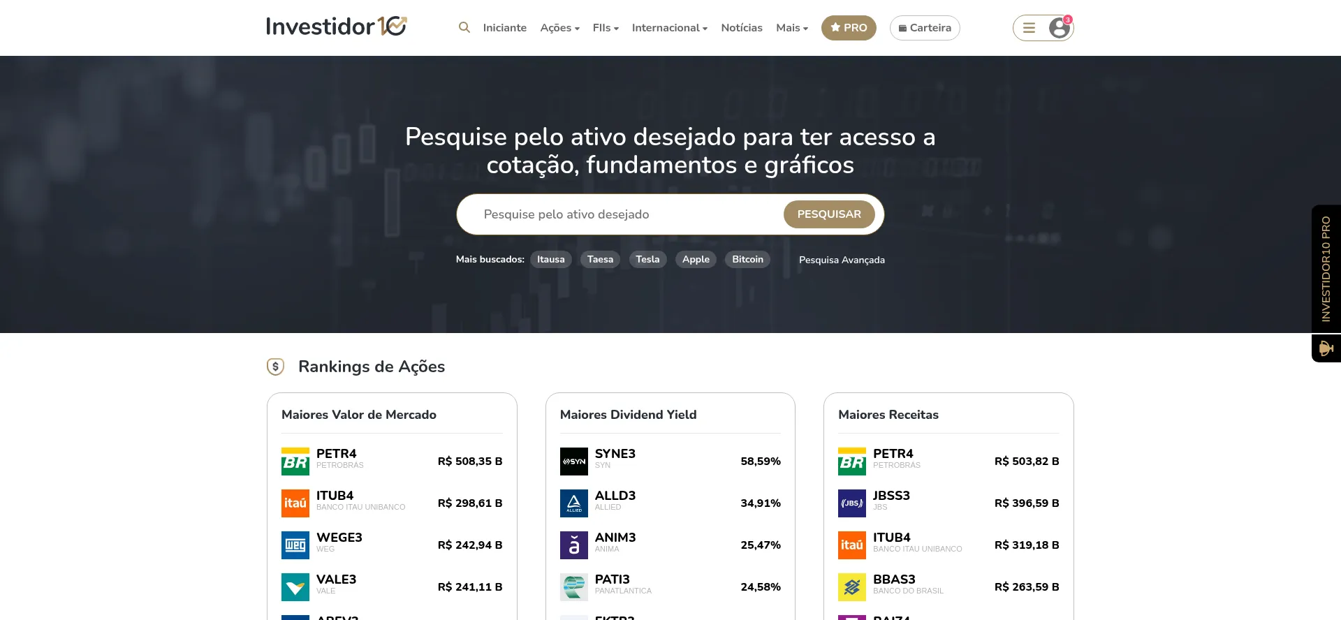 Website screenshot of Investidor10.com.br