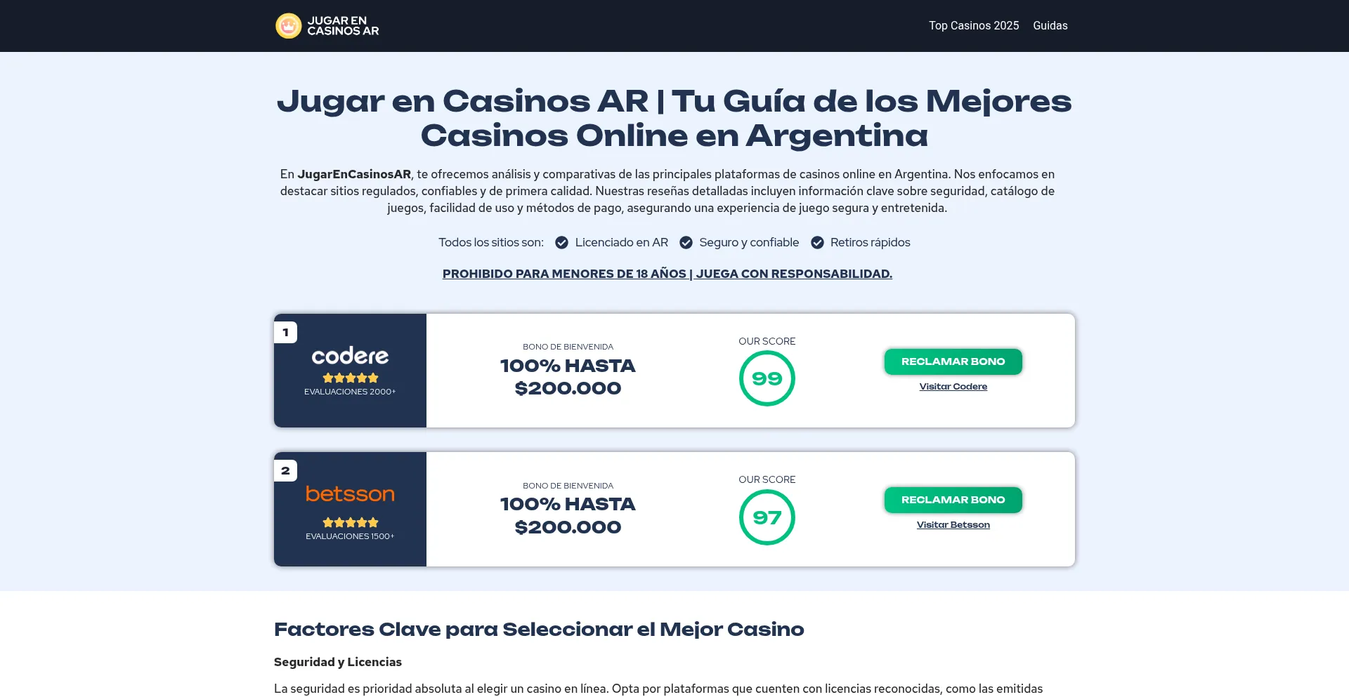 Website screenshot of Jugarencasinosar.com