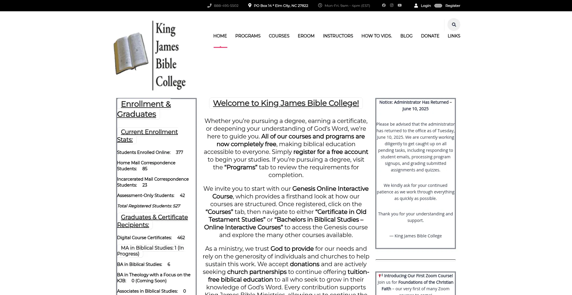 Website screenshot of Kingjamesbiblecollege.org