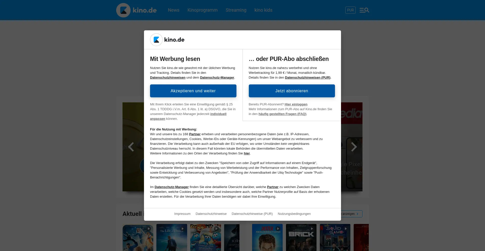 Website screenshot of Kino.de