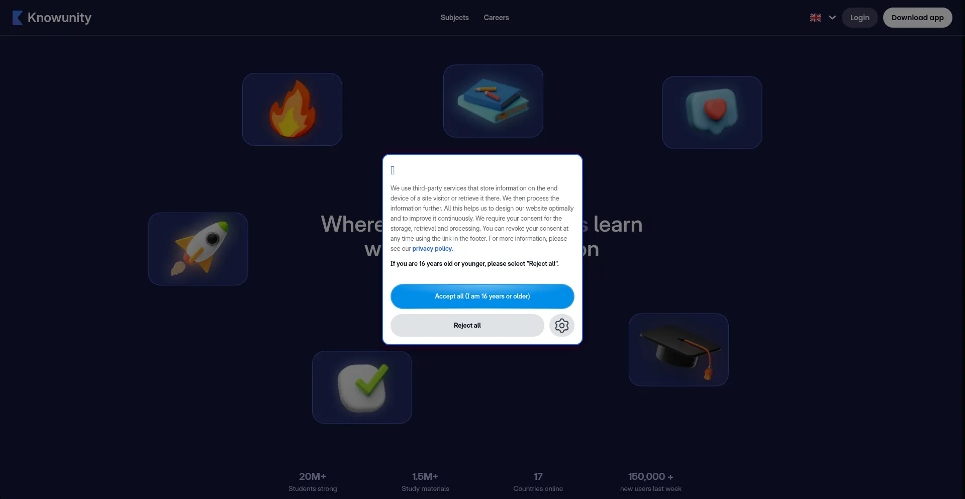 Website screenshot of Knowunity.co.uk